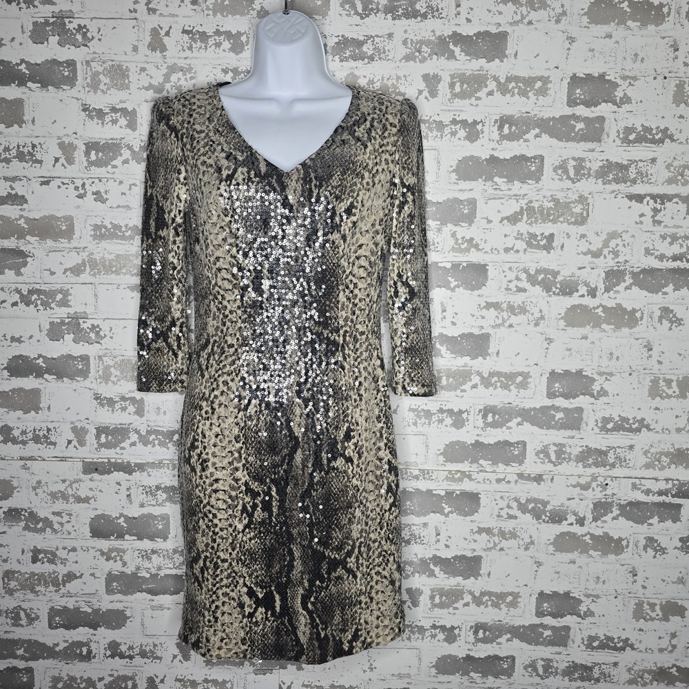 Cache Dress Womens Size 4 Faux Snakeskin Sequins V Neck 3/4 Sleeve Lined VTG Y2K